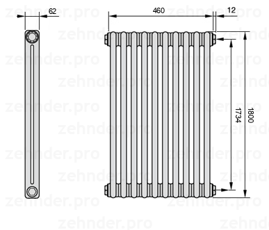 Схема (чертеж) Радиатор Zehnder Charleston 2180/10 №7610 Technoline TL